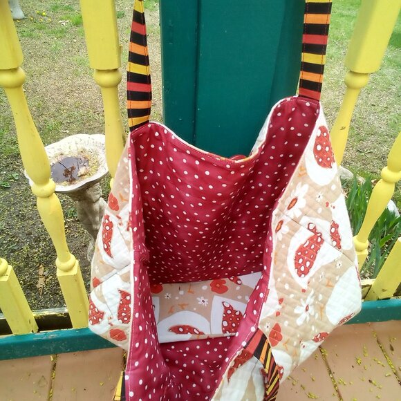 Handmade Tote Chickens  Flowers Striped Handles Polka Dot Lining. 21" X 13" NWOT - Picture 7 of 11